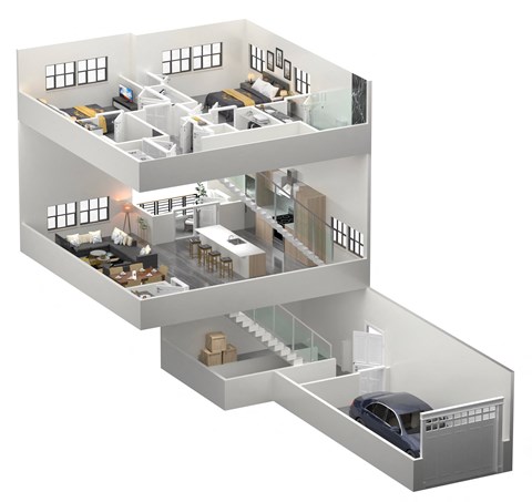 a dimensional drawing of a house with a garage and a car at The Franklin Marlboro Apartments, Marlboro, NJ 07746